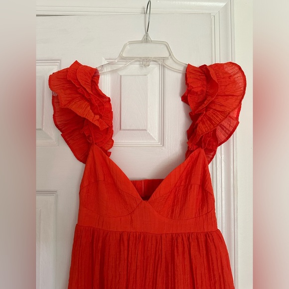 Ruffle Maxi Wedding Guest Dress in Coral/Orange-Red - Picture 2 of 4
